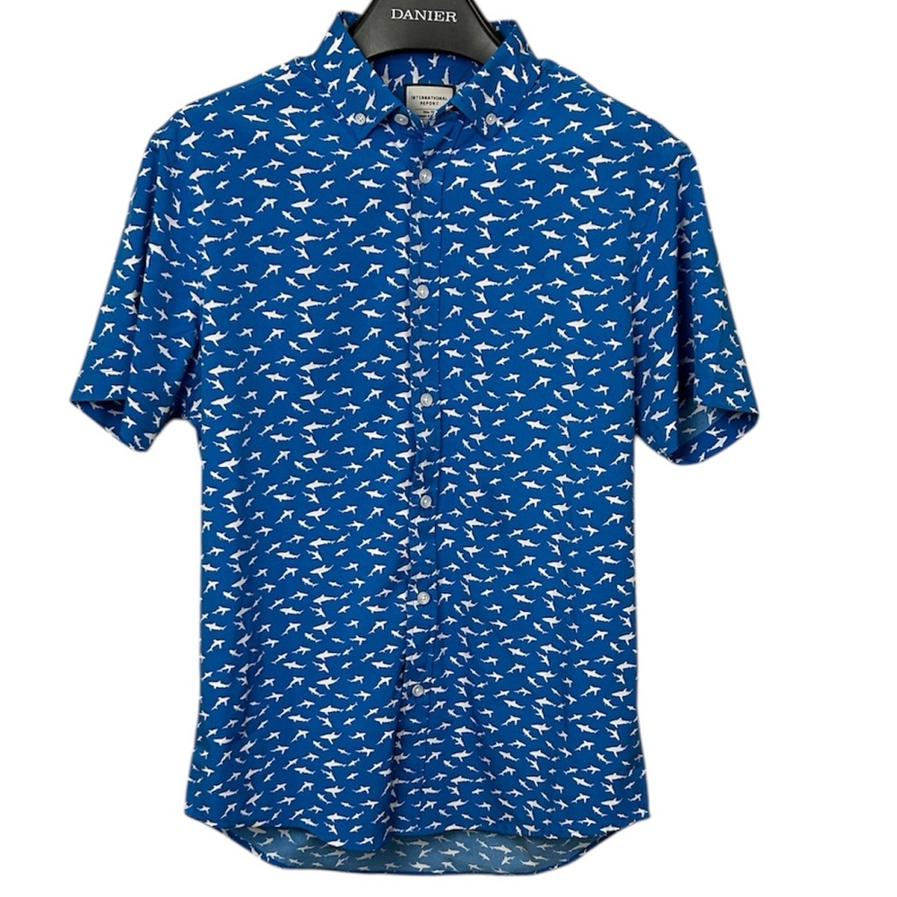International Report Shark Print Short Sleeve‎ Shirt Men’s M Slim Fit